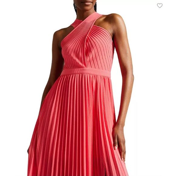 Ted Baker Loueli Cross Front Pleated Midi Dress Coral Size 3 US 10-12 - Picture 3 of 16